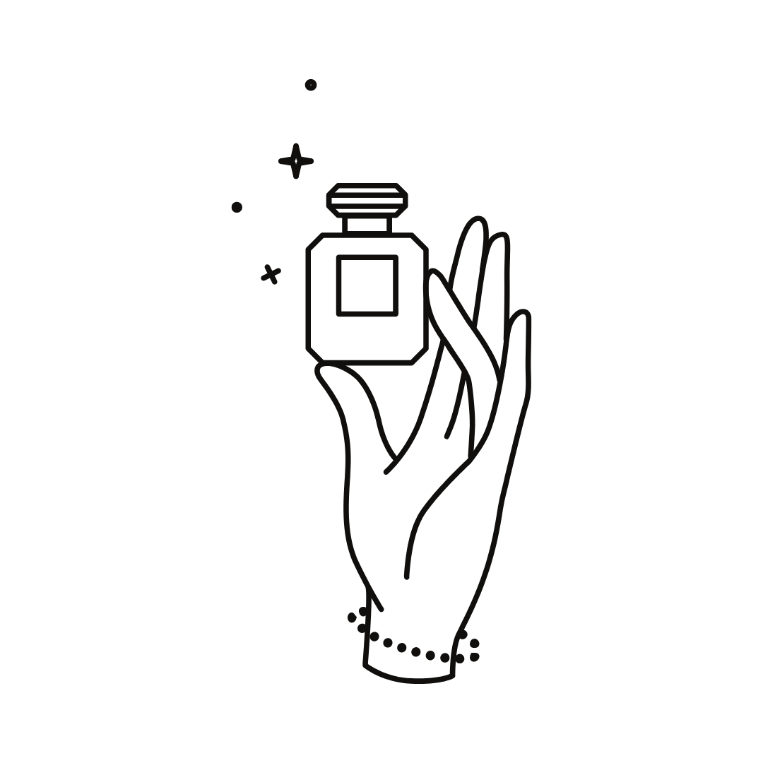 black and white drawing of a hand holding a perfume bottle by twinkle apothecary 
