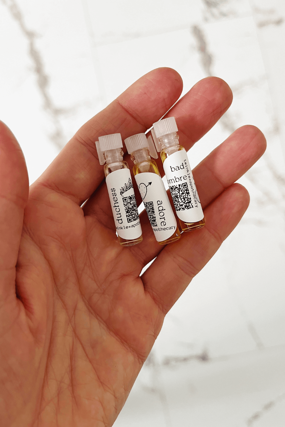 samples of adore, bad hombre, and duchess natural perfumes by twinkle apothecary 