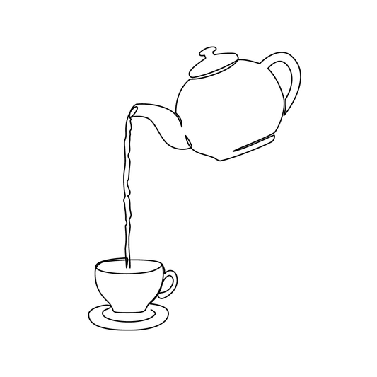 drawing of teapot pouring tea into a cup for twinkle apothecary tea single note perfume product listing 